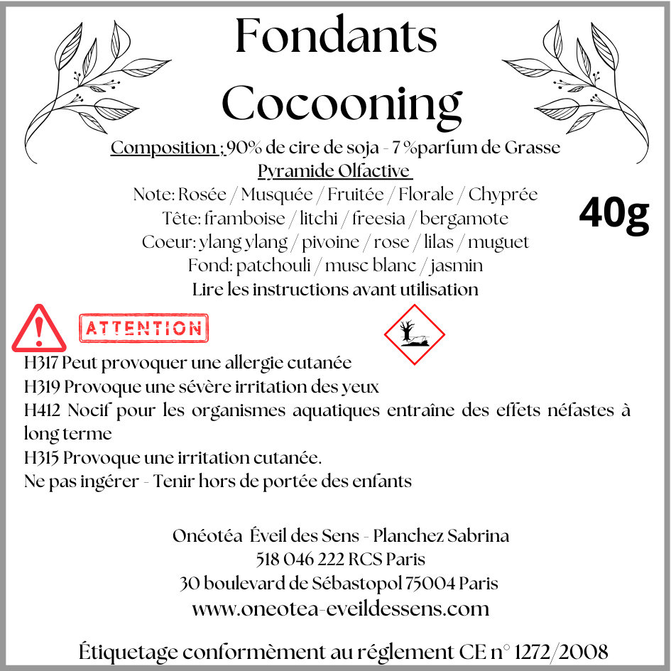 Étiquette des Fondants parfumés Triskel - Instant Cocooning d'Onéotéa - Éveil des Sens, détaillant la composition et les notes olfactives. Ces fondants, à base de parfum de Grasse et de cire de soja, sont parfaits pour une ambiance cocooning.