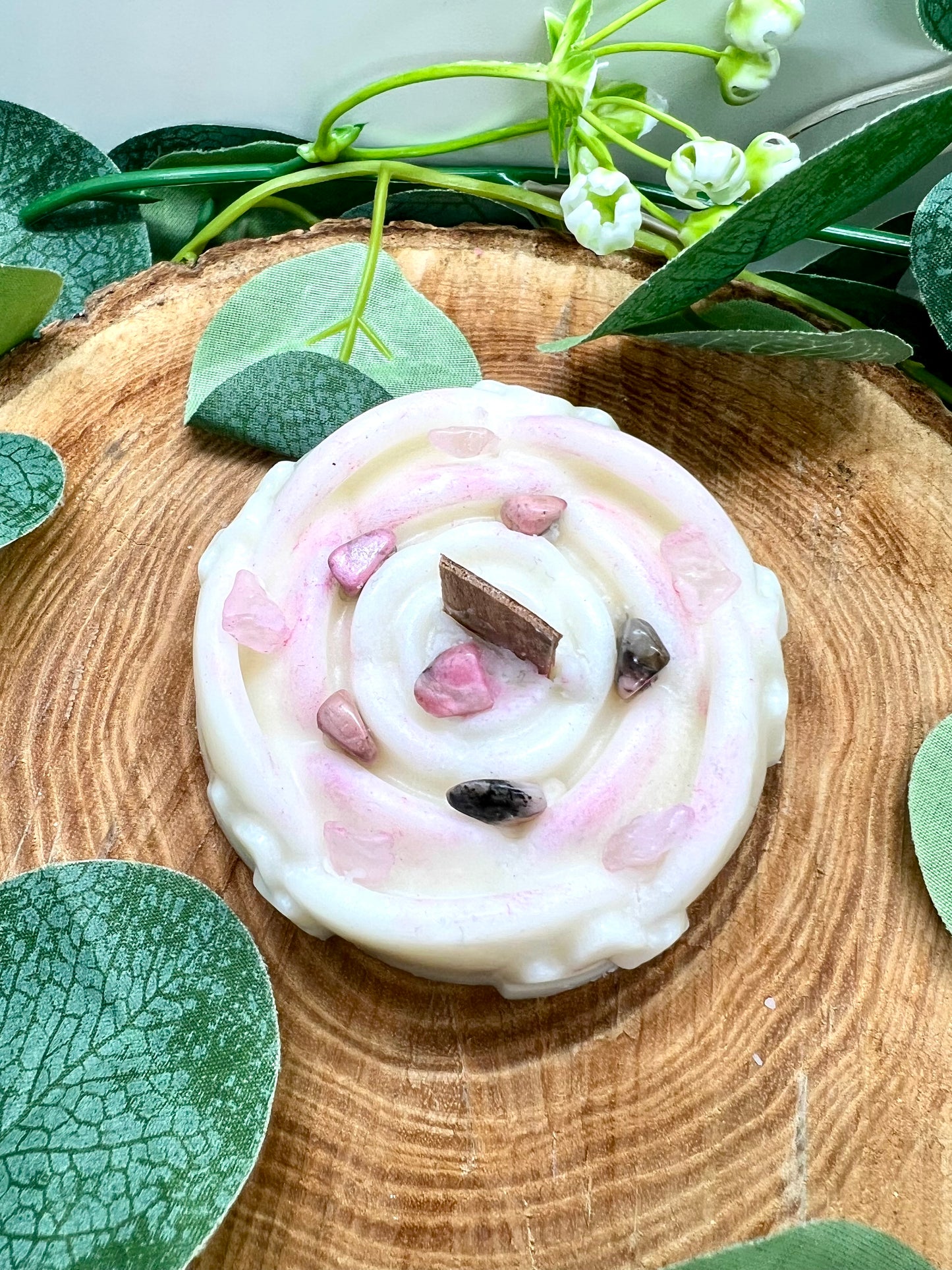 Bougie parfumée Mandala Quartz rose & Rhodonite - Musc Blanc - Onéotéa - Éveil des Sens