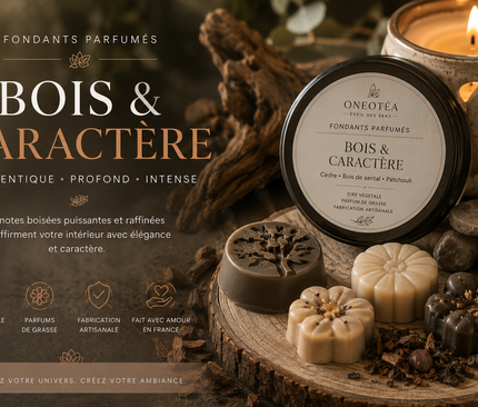 Fondants parfumés boisés de la collection Bois & Caractère, ambiance chaleureuse et naturelle