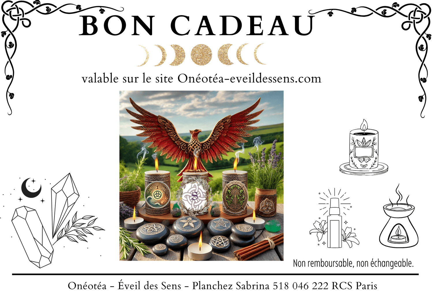 Bons cadeaux Onéotéa présentés sur un fond naturel, avec des bougies allumées et des objets décoratifs symboliques. En haut, le texte 'BON CADEAU' est visible, invitant à découvrir l'expérience sensorielle offerte par Onéotéa - Éveil des Sens.