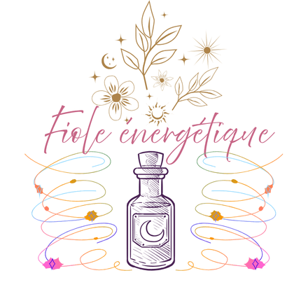 Fiole énergétique colorée, entourée de fleurs, d'étoiles et de spirales vibratoires.