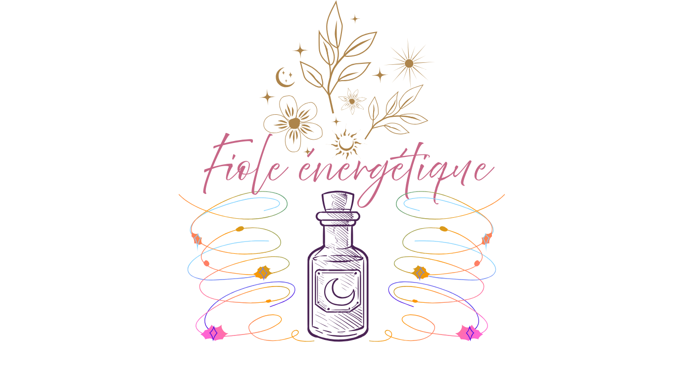 Fiole énergétique colorée, entourée de fleurs, d'étoiles et de spirales vibratoires.