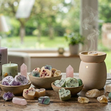 Bougies parfumées aux pierres de lithothérapie.