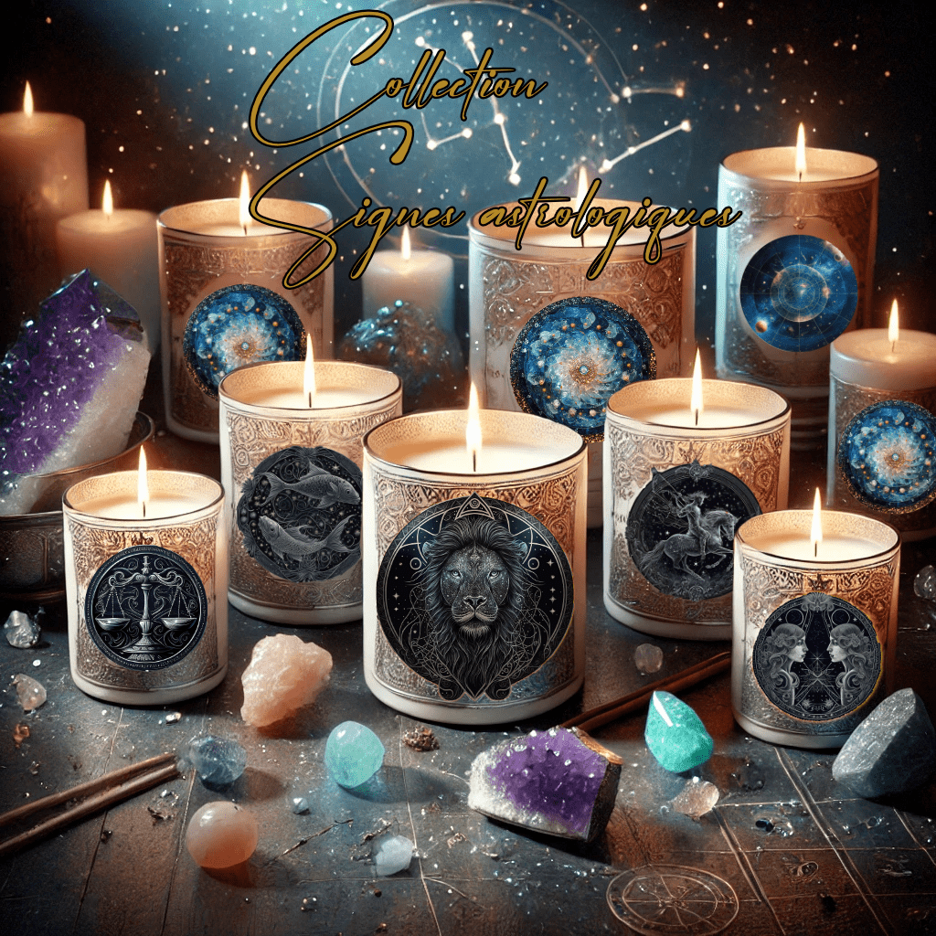 Collection de bougies inspirées par les étoiles, représentant les signes astrologiques. Les bougies sont disposées parmi des cristaux colorés et des éléments cosmiques, créant une ambiance mystique. Idéal pour les passionnés d'astrologie!