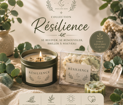 Collection de bougies et fondants Résilience avec parfums naturels et cristaux énergétiques pour bien-être et renouveau