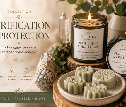 Bougies artisanales de la Collection Purification & Protection pour purifier et protéger les énergies de votre espace.