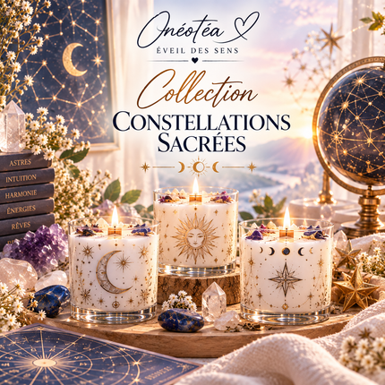 Bougies Célestes & Constellations | Collection Onéotéa : bougies blanches en cire, décorées de symboles dorés de lune, soleil et étoiles.