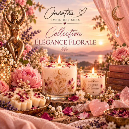 Collection Élégance florale Bougies parfumées florales en cire ivoire, décorées de fleurs séchées et de motifs botaniques, avec mèches allumées.
