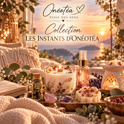 Box Bien-être artisanale avec bougie fleurie, parfum en vaporisateur et petits fondants décorés de fleurs séchées
