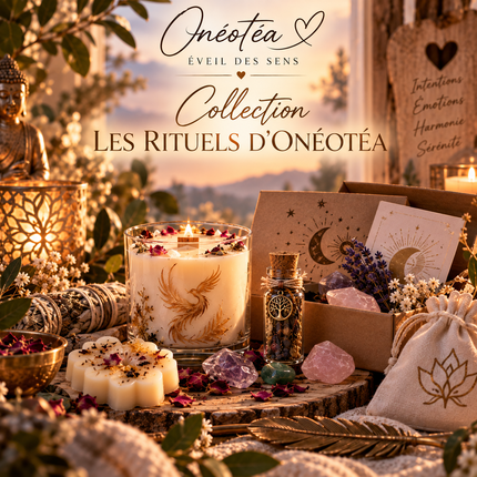 Coffrets Les Rituels d'Onéotéa bien-être et énergétiques avec bougies et pierres naturelles