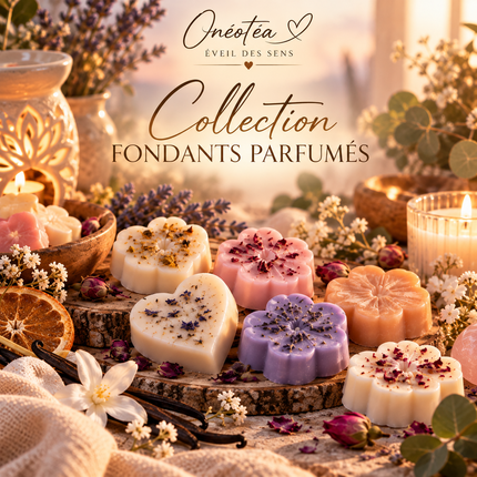Fondants parfumés en cire aux formes florales et de cœur, blancs, roses, violets et orange, décorés de fleurs séchées. Fondants Parfumés Artisanaux | Parfums de Grasse | Onéotéa