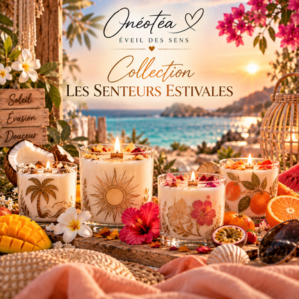 Senteurs d’Été | Bougies & Fondants Parfumés | Onéotéa : collection de bougies en cire claire, décorées de motifs solaires et floraux, avec mèches allumées.