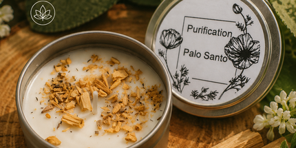 Bougie parfumée au Palo Santo en cire de soja dans un contenant métallique pour purification et protection