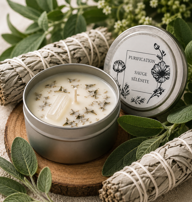 Sage &amp; Selenite Stone Candle