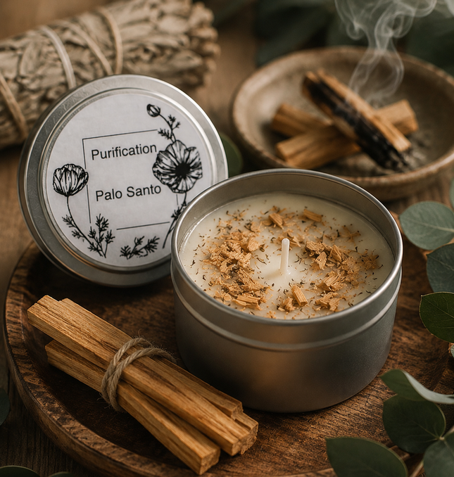 Bougie parfumée au Palo Santo artisanale avec fragrance boisée et propriétés purifiantes pour rituel de protection