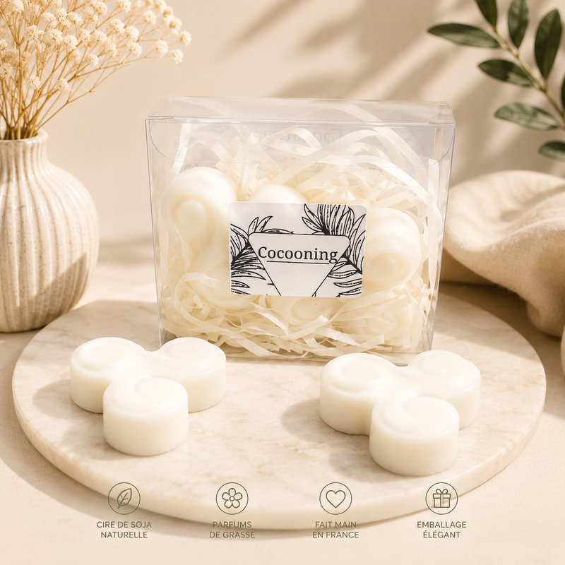 Lot de 2 fondants parfumés Cocooning en cire végétale avec senteurs fruitées et florales