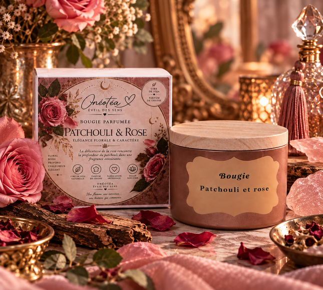 Bougie Patchouli & Rose – Parfum Floral & Boisé | Onéotéa