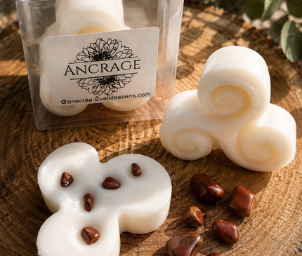 Lot de 2 fondants parfumés Ancrage Bois de Gaiac avec cire de soja et pierres de Jaspe rouge