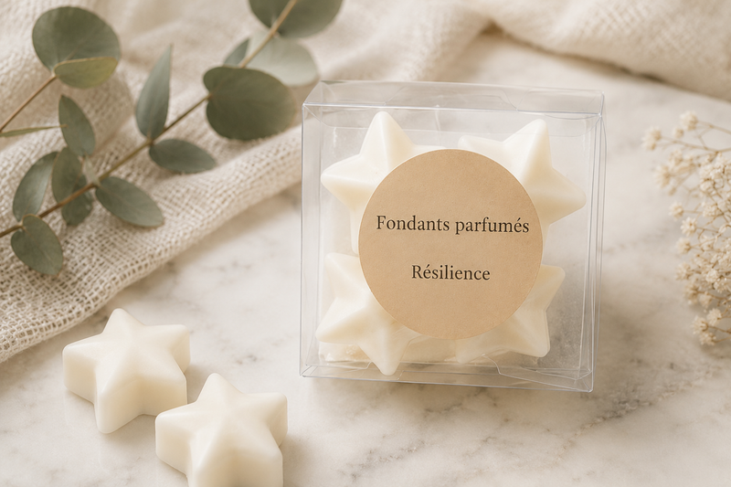 Lot de 4 fondants parfumés Résilience musqués boisés en cire de soja, parfum chaleureux, contenant réutilisable en plastique.