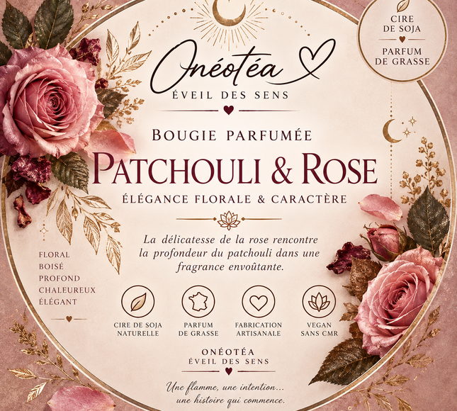 Bougie Patchouli & Rose – Parfum Floral & Boisé | Onéotéa
