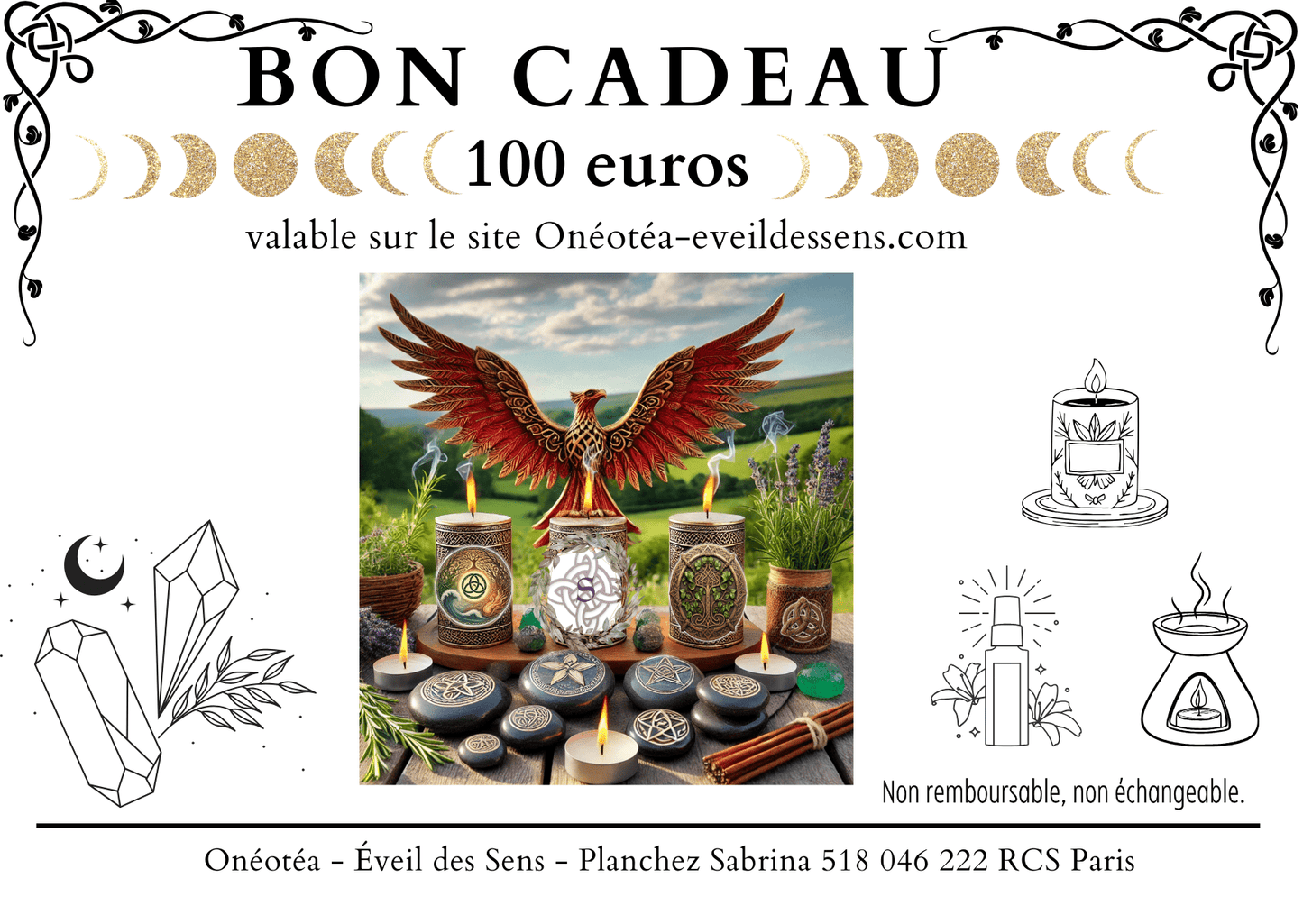 Bon cadeau Onéotéa de 100 euros, avec un design attrayant illustrant un phoenix et des éléments apaisants, pour une expérience sensorielle enrichissante.