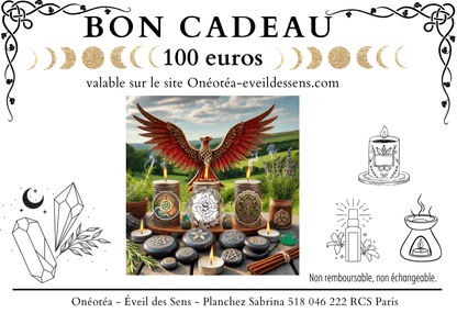 Bon cadeau Onéotéa de 100 euros, avec un design attrayant illustrant un phoenix et des éléments apaisants, pour une expérience sensorielle enrichissante.