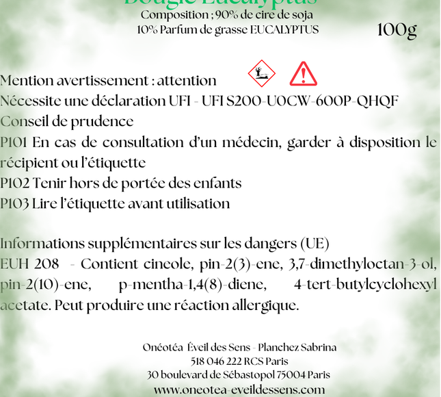 Bougie parfumée Eucalyptus | Senteur aromatique | Onéotéa