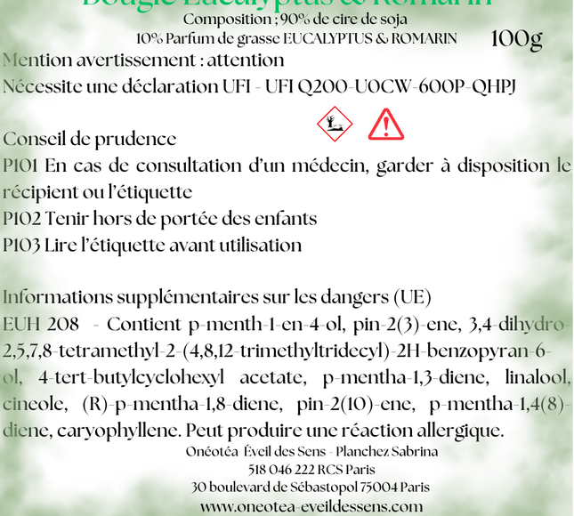 Bougie Eucalyptus & Romarin 100 g | Onéotéa