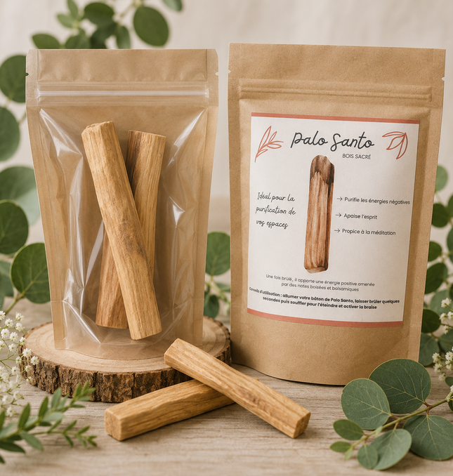 Bâton de Palo Santo naturel en combustion pour purification et harmonie spirituelle