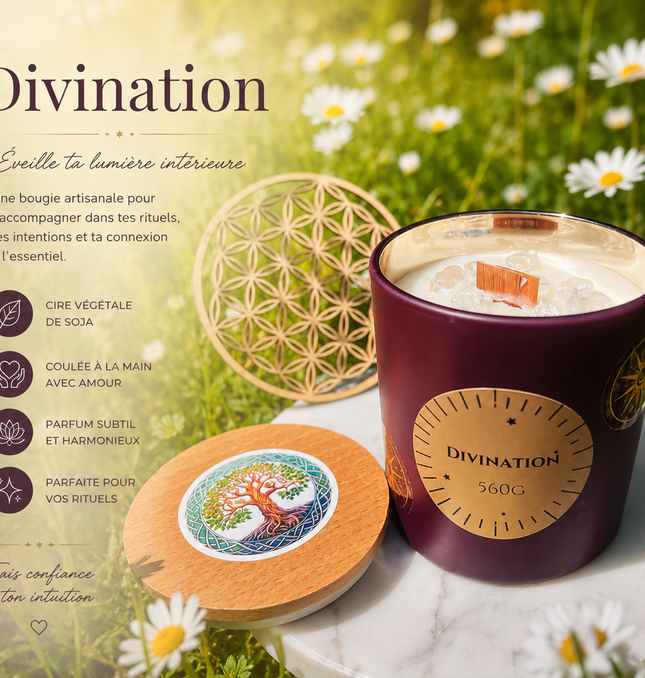 Bougie mystique Divination artisanale avec pendule d'améthyste et cristaux en cire de soja parfum musc blanc