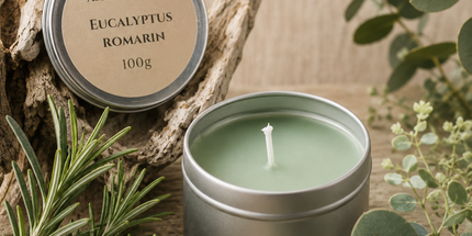Bougie parfumée eucalyptus romarin naturelle dans un contenant métal réutilisable