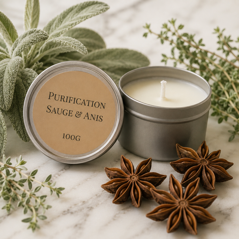 Bougie sauge anis parfumée en cire de soja avec contenant métallique réutilisable pour purification et bien-être