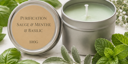 Bougie parfumée Sauge Menthe Basilic artisanale en cire de soja avec parfum naturel, contenant métallique réutilisable.