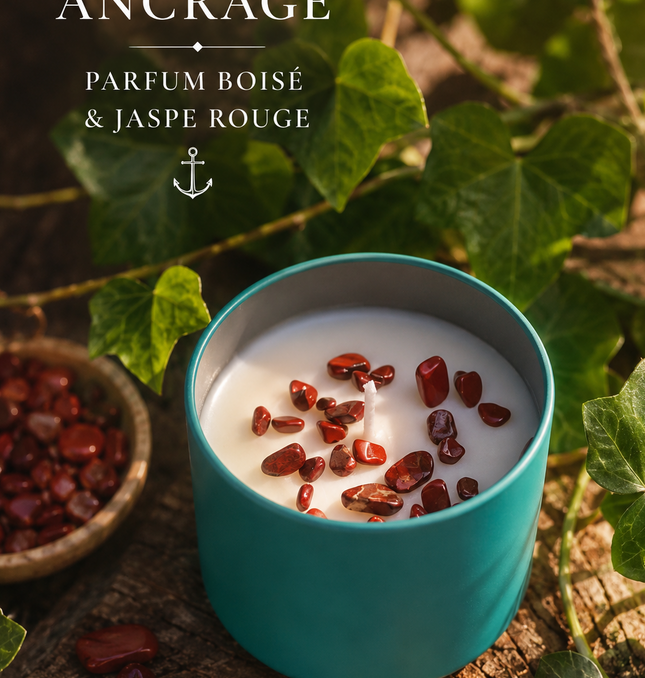 Bougie parfumée Ancrage & Jaspe rouge avec pierre naturelle et parfum boisé