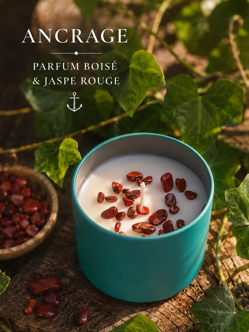 Bougie parfumée Ancrage & Jaspe rouge avec pierre naturelle et parfum boisé