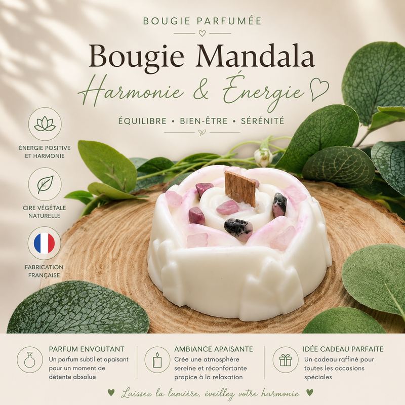 Bougie parfumée Mandala Libération émotionnelle avec quartz rose et rhodonite pour apaisement et équilibre intérieur