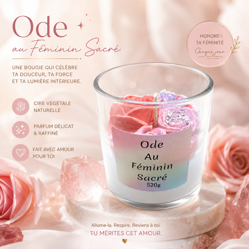 bougie Ode au Féminin Sacré parfumée à la rose avec quartz rose et améthyste en verre réutilisable