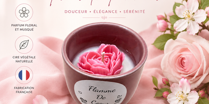 Bougie parfumée Flamme de Cœur au musc blanc, rose et fleur de pommier en contenant céramique réutilisable