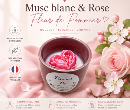 Bougie parfumée Flamme de Cœur au musc blanc, rose et fleur de pommier en contenant céramique réutilisable