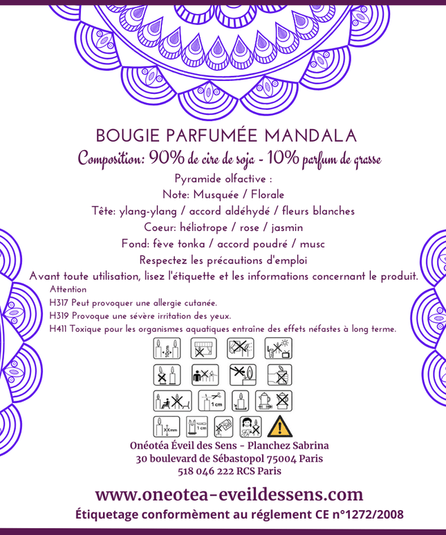 Bougie parfumée Mandala Cristal de Roche & Lapis Lazuli - Musc Blanc - Onéotéa - Éveil des Sens