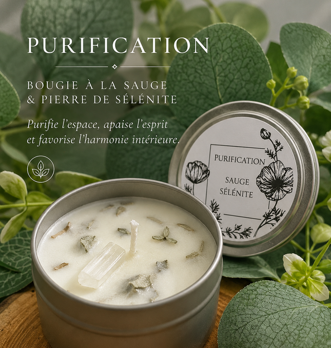 Bougie parfumée Sauge blanche et Pierre de Sélénite pour purification et relaxation