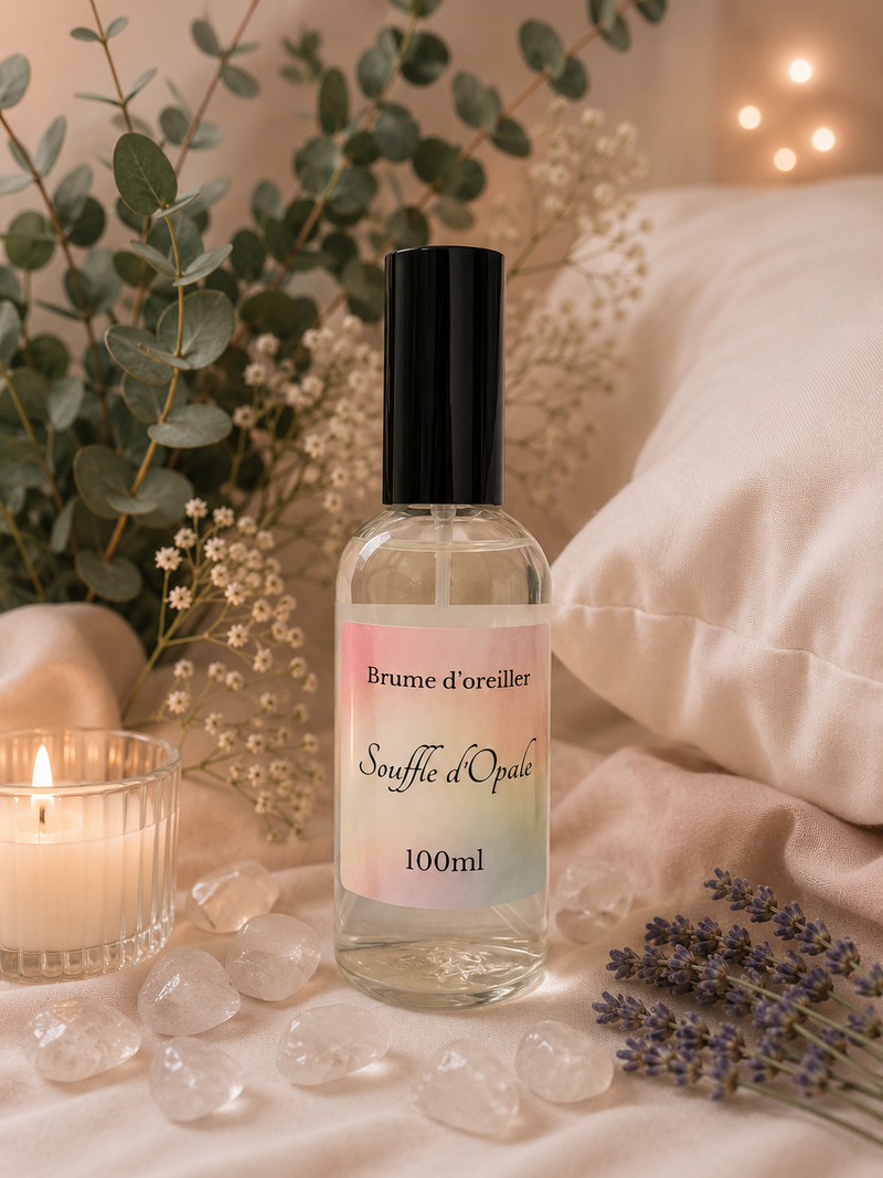 Brume d’oreiller Souffle d'Opale Musc Flocon flacon verre recyclable 100ml parfum doux poudré apaisant sommeil