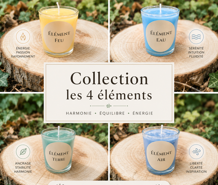 Pack Collection Les 4 Éléments avec 4 bougies artisanales parfumées Air, Terre, Eau, Feu en édition limitée