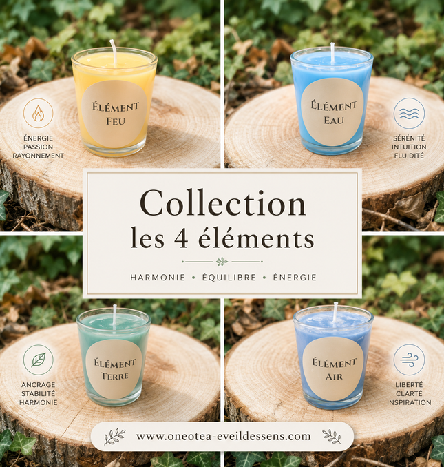 Pack Collection Les 4 Éléments avec 4 bougies artisanales parfumées Air, Terre, Eau, Feu en édition limitée