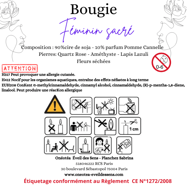 Étiquette informative de la bougie 'Féminin sacré', indiquant les ingrédients naturels et les précautions d'utilisation. Graphisme élégant avec des instructions claires et un design soigné.