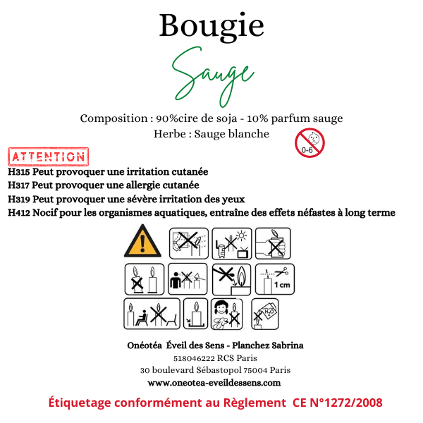 Étiquette informative d'une bougie à la sauge, avec des avertissements de sécurité colorés et une liste détaillée des ingrédients, sur fond épuré.