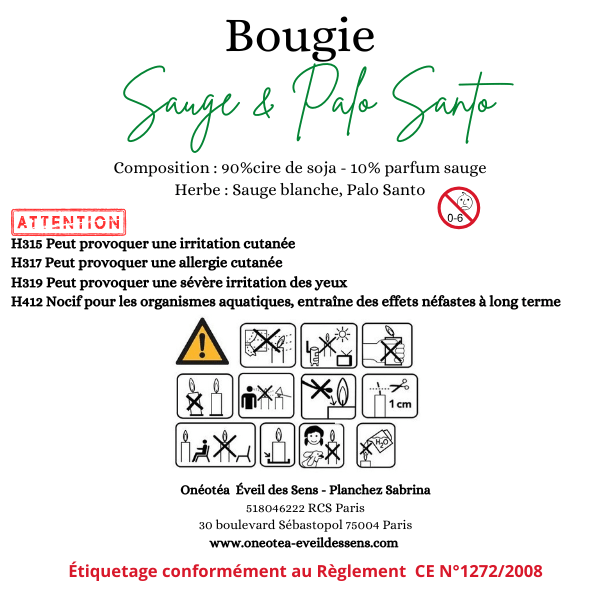 Étiquette du produit Bougie Sauge & Palo Santo, indiquant les ingrédients et les avertissements de sécurité, avec un design élégant et professionnel.