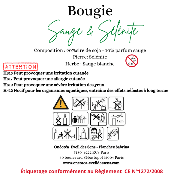 Étiquette informative de la bougie sauge et sélénite, présentant la composition, les avertissements de sécurité et les informations réglementaires, garnie d'icônes illustratives dans un design élégant.