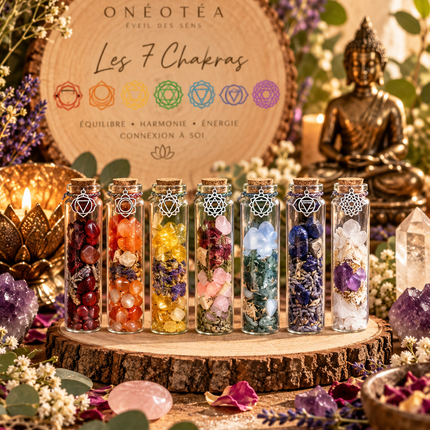 Lot des 7 Fioles d’Intention Chakras avec pierres naturelles – Onéotéa Éveil des Sens
