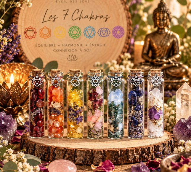Lot des 7 Fioles d’Intention Chakras avec pierres naturelles – Onéotéa Éveil des Sens